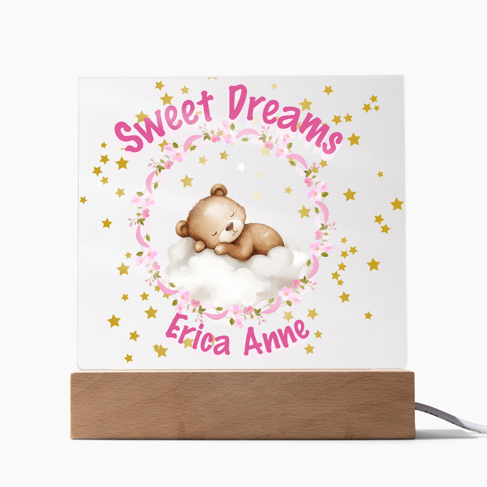 Personalized Baby Night Light • Custom Name Acrylic Nursery Lamp • Sweet Dreams Bear Nightlight • Pink Floral Baby Gift • Girls Room Decor • Newborn Keepsake