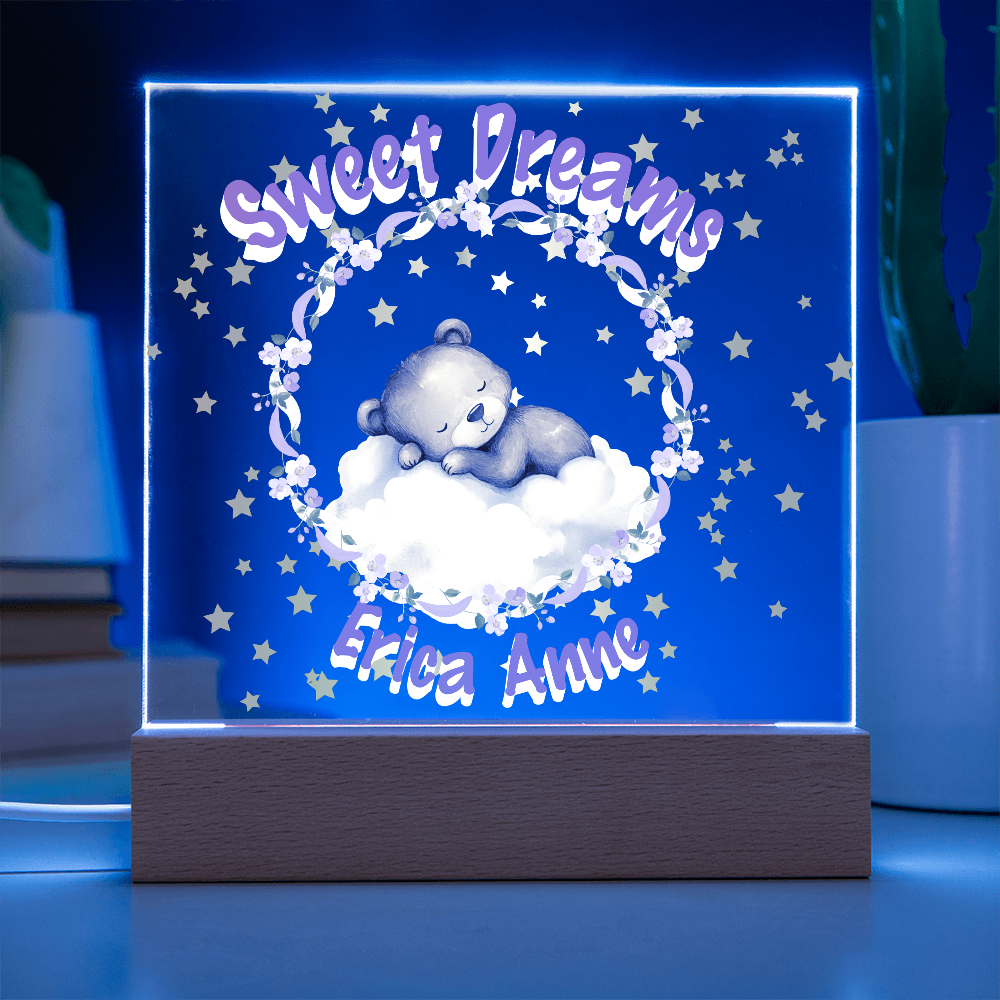 Personalized Baby Night Light • Custom Name Acrylic Nursery Lamp • Sweet Dreams Bear Nightlight • Pink Floral Baby Gift • Girls Room Decor • Newborn Keepsake