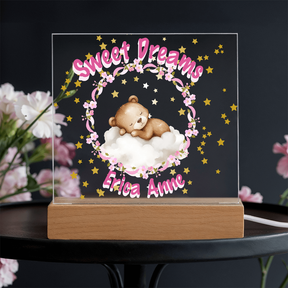 Personalized Baby Night Light • Custom Name Acrylic Nursery Lamp • Sweet Dreams Bear Nightlight • Pink Floral Baby Gift • Girls Room Decor • Newborn Keepsake