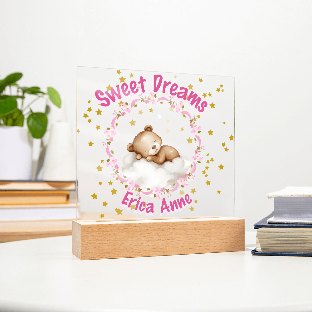Personalized Baby Night Light • Custom Name Acrylic Nursery Lamp • Sweet Dreams Bear Nightlight • Pink Floral Baby Gift • Girls Room Decor • Newborn Keepsake
